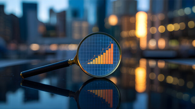 Magnifying glass over a bar graph showing upward trend on city skyline background