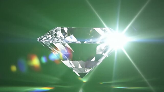 A sparkling, faceted gemstone with light flares against a green backdrop