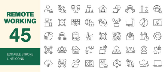Remote working icon set. Editable line icons. Vector illustration.