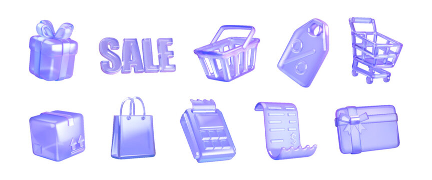 Set of shiny purple shopping icons including gift, cart, sale text, and tag. Vibrant design suitable for ecommerce websites and marketing materials.