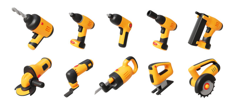 Set of 3D power tools with vibrant yellow and black accents. Includes drill, saw, and grinder depicted in a modern, realistic style on a white background.