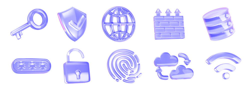 Glossy 3D icons in various shades of purple. Includes symbols for internet security, data protection, and connectivity. Perfect for modern digital interfaces.