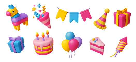 Colorful 3D icons with festive elements in bright cartoon style. Includes cake, balloons, gifts against white background. Perfect for celebration themes. © ApoevArt