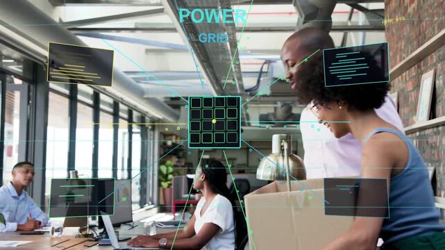 Man entering and walking, woman carrying boxes following, HUD POWER GRID showing, aiding team setup