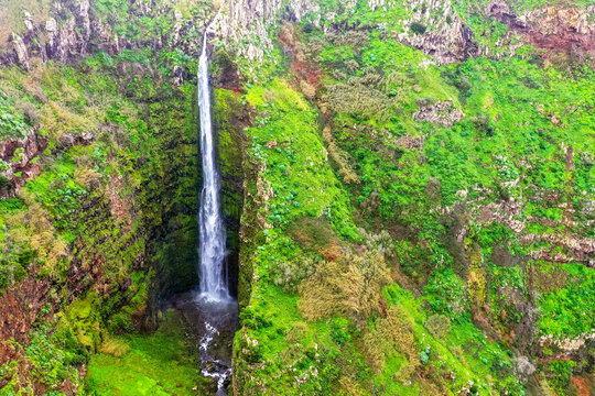 Aerial view of Garganta Funda waterfall in Ribeira da Vaca Madeira