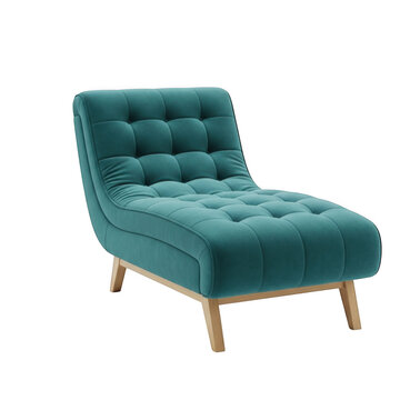 Modern teal velvet lounge chair with wooden legs and reclined position