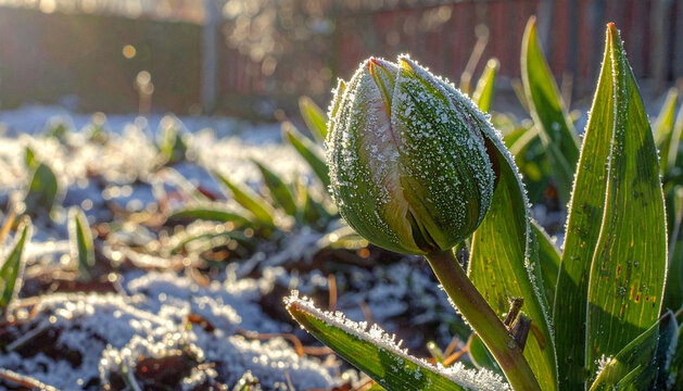 Close-up of a frosted tulip bud in the early morning sun, showcasing the delicate beauty of spring frost on a budding flower