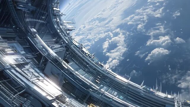 A detailed view of a futuristic space station orbiting a planet with clouds in a distant galaxy captured in high resolution