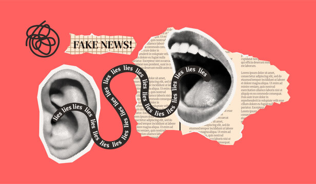 Collage art showing an ear and mouth linked by misleading text against newspaper texture. This portrays the spread of misinformation on a bold red background.