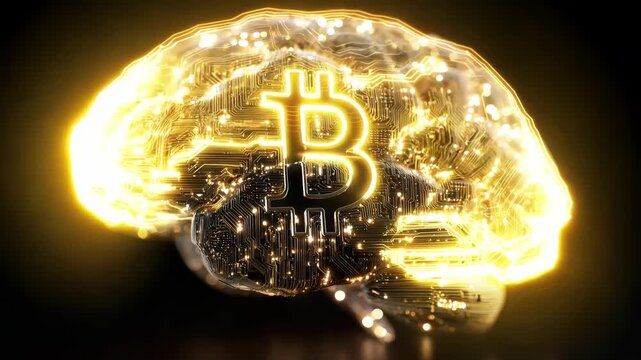 Visual simulation of a brain with digital patterns bitcoin symbol over dark background, shows the relationship between technology and cryptocurrency