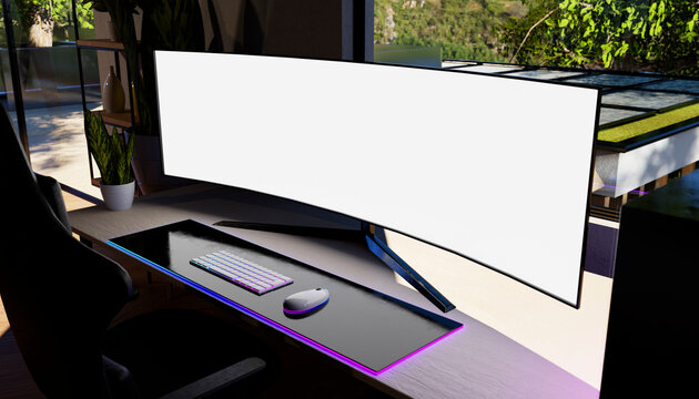 Minimal modern workspace with curved monitor and blank screen