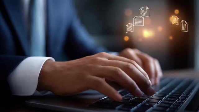Businessman intently working on a laptop illuminated by soft light