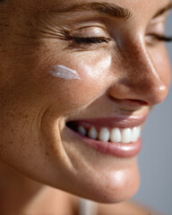 Naklejka premium Smiling woman close up skincare cream healthy skin freckles natural beauty happiness radiant sunlight
