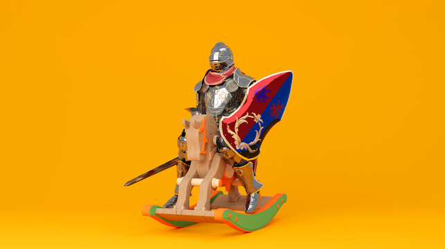 Medieval knight in armor riding a wooden rocking horse indoors