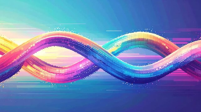 Colorful, abstract digital art with interwoven, pixelated ribbons floating in gradient space