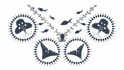 Stylized illustration depicting manta rays fish and jellyfish in ocean depths © Etika