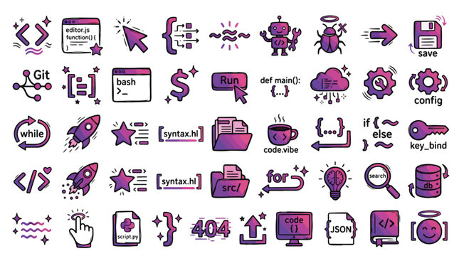 Programming and Web Development Icon Set in Hand-Drawn Style. A collection of Coding and Software Linear Icons, including Git, Bash, Python, JSON, Bug, Cloud, Rocket, Database
