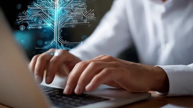 An individual studies a detailed decision tree on a laptop at a desk.