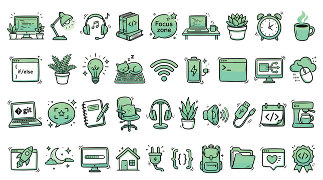 Developer Productivity Icon Set in Green Doodle Style. A collection of coding linear icons, including laptop, cat, coffee, terminal, wifi, battery, cloud, git, house, and more. Vector art.