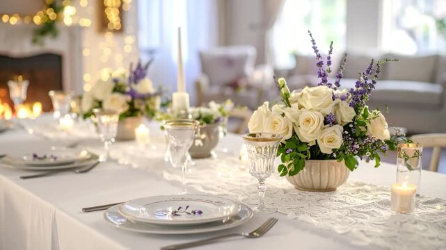 Elegant dining table setting with floral arrangements, candles, and glassware, set for a special occasion