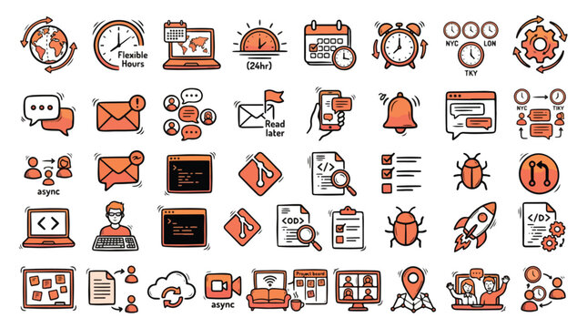 Remote Work and Development Icon Set in Doodle Style. A collection of linear icons, including coding, global team, flexible hours, async chat, debugging, git, cloud, project board, and more.