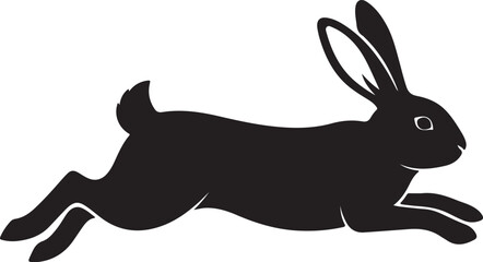 A black silhouette of a rabbit running quickly across a white background