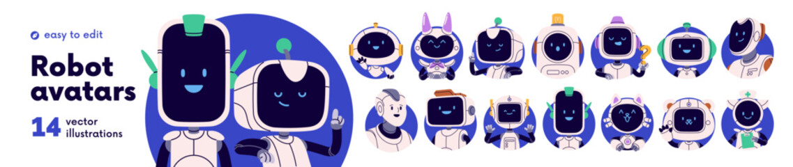 Happy robot avatars, digital assistants set. Cute AI characters, technology bots with smiling faces in circle round frames for user profiles. Flat vector illustration isolated on white background