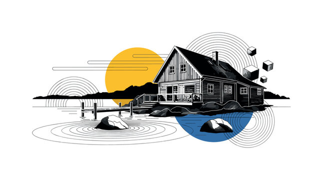 peaceful lake cabin by the water with black and white wooden house and dock, cut-out architecture with white outline effect, large yellow circle sun behind the