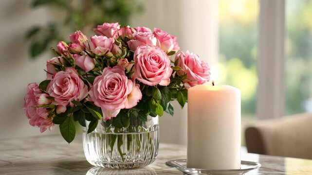 Pink roses sit in a clear vase beside a lit candle on a table in a well lit room at home