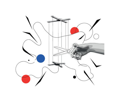 person cutting puppet strings abstract circles and sharp lines floating around symbolizing freedom and self control black and white retro style hand and