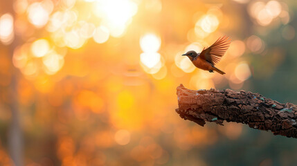 Fototapeta premium Golden light bathes a small bird in mid-flight
