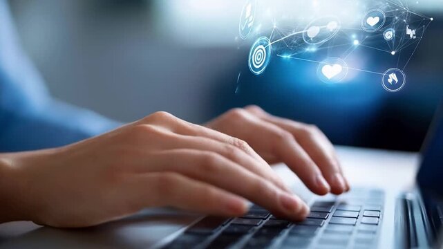 A marketer sits at a modern desk, focused on a laptop with digital campaign icons.