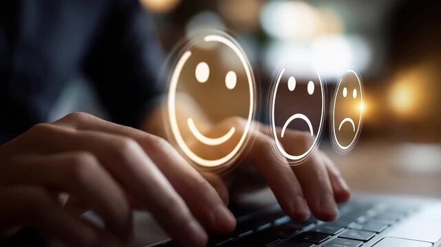 A marketer is surrounded by vibrant sentiment analysis graphics while using a laptop.