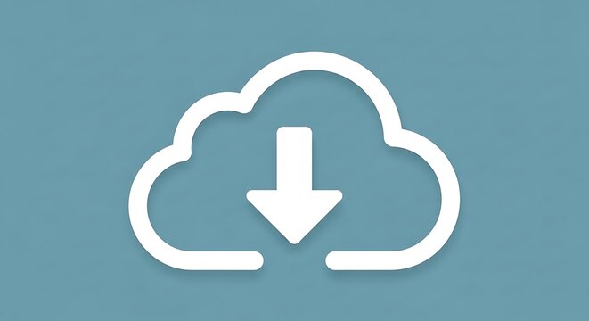 Cloud storage download icon with white cloud and arrow symbol on blue background representing data transfer and online file sharing services