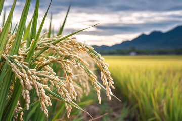 Naklejka premium Golden rice plant close up, mature grain in paddy field with mountain and cloudy sky background, natural harvest season