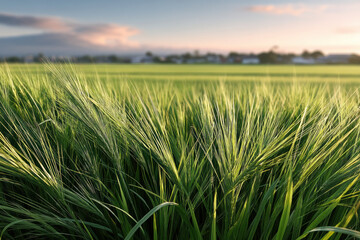 Naklejka premium Lush green paddy field with tall rice plants swaying in wind, rural landscape, agriculture, serene and natural beauty