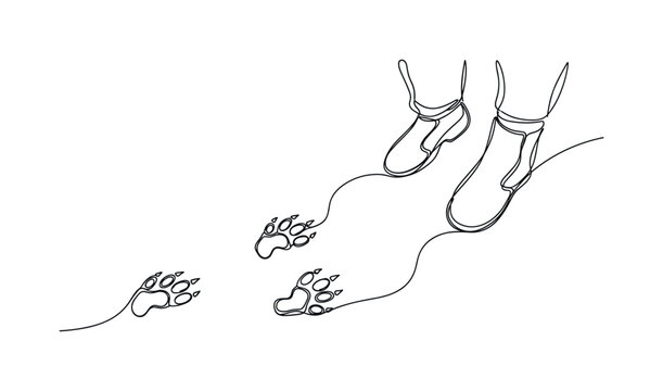 Tracking Predator Signs. Minimalistic one-line drawing tracker examining broken branches and scratch marks as predator signs, continuous single black line on