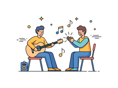 Improvised park music moment guitarist leading a small outdoor jam while another friend claps rhythm and floating notes emphasize the beat. Friendly visual