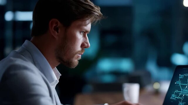 A programmer works intently on a laptop, surrounded by glowing tree diagrams.