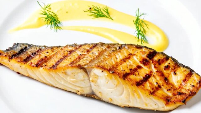 Grilled fish fillet on white plate with yellow sauce and herbs. Beautifully presented, high-angle shot