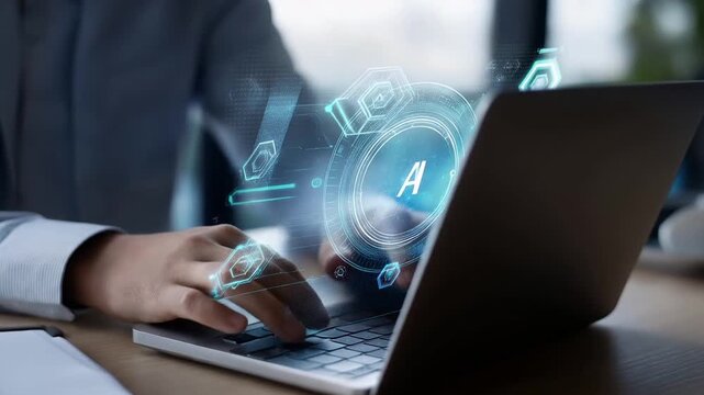 A user sits at a modern laptop with floating icons representing API and AI automation.