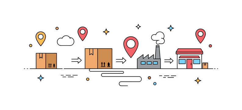Supply chain trade flow shipping boxes moving along a path from factory to store while arrows and location pins indicate distribution stages. The composition