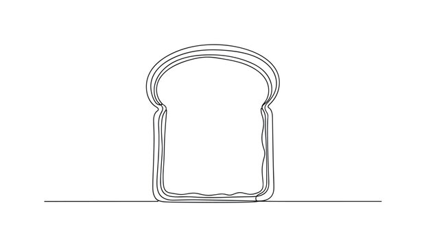 Toast Bread Slice. Minimalistic one-line drawing single slice of bread slightly toasted with simple crust outline, continuous single black line on white