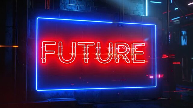 Neon sign displaying "FUTURE" in bold red text outlined by a blue rectangle, with light beams