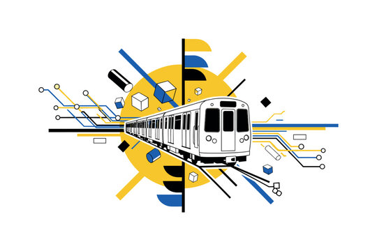 collage of metro map lines with a retro train emerging from geometric route patterns, black and white train cut out with white contour outline, large yellow