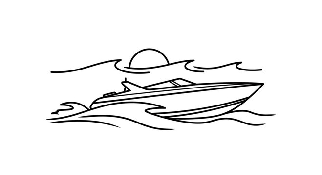 Vector illustration of a speedboat on waves at sunset