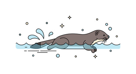 Obraz premium Mink swimming in water streamlined animal gliding through gentle waves while small splash shapes and bubbles emphasize motion. The scene reflects the excellent