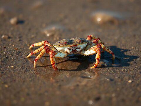 Crab scuttling across wet sand, coastal scavenger, tide pool life, macro view,  macro,  nature