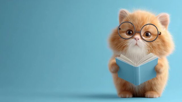 A cat holds a book while wearing glasses and stands against a blue background, showcasing a fun and lighthearted moment