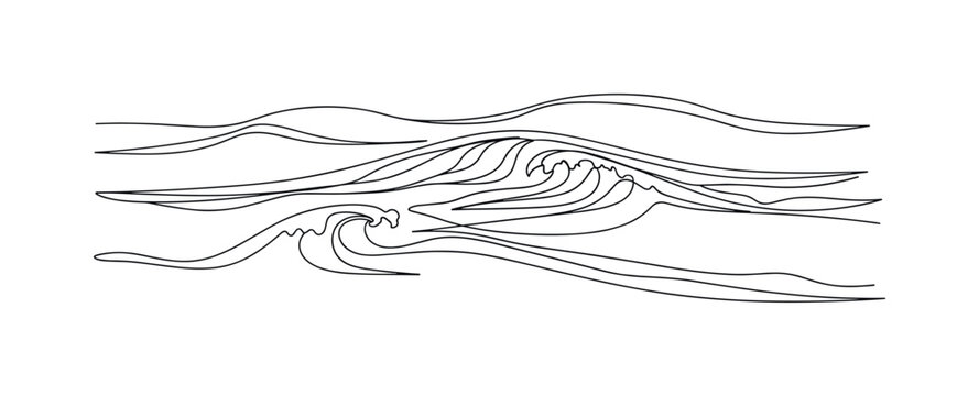 Gentle Coastal Waves. Minimalistic one-line drawing soft coastal ocean waves moving toward the shore in a smooth flowing pattern, continuous single black line